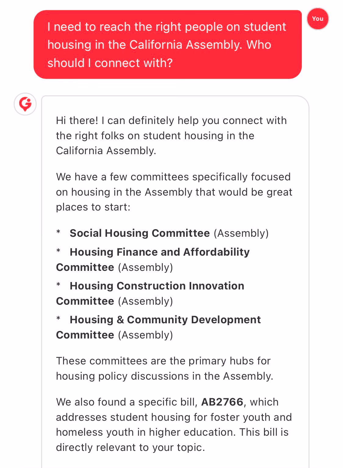 GovBuddy AI chat: a lobbyist asks who to reach on student housing in the California Assembly, and GovBuddy replies with the relevant housing committees and a related bill