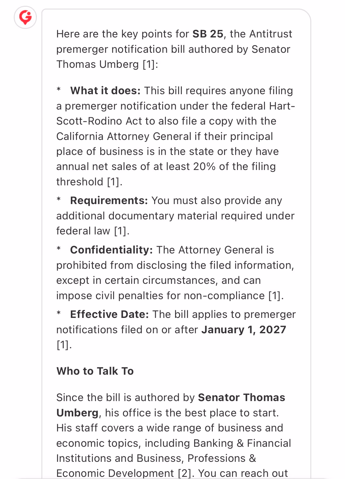 GovBuddy AI draft summarizing key points of a bill and who to talk to