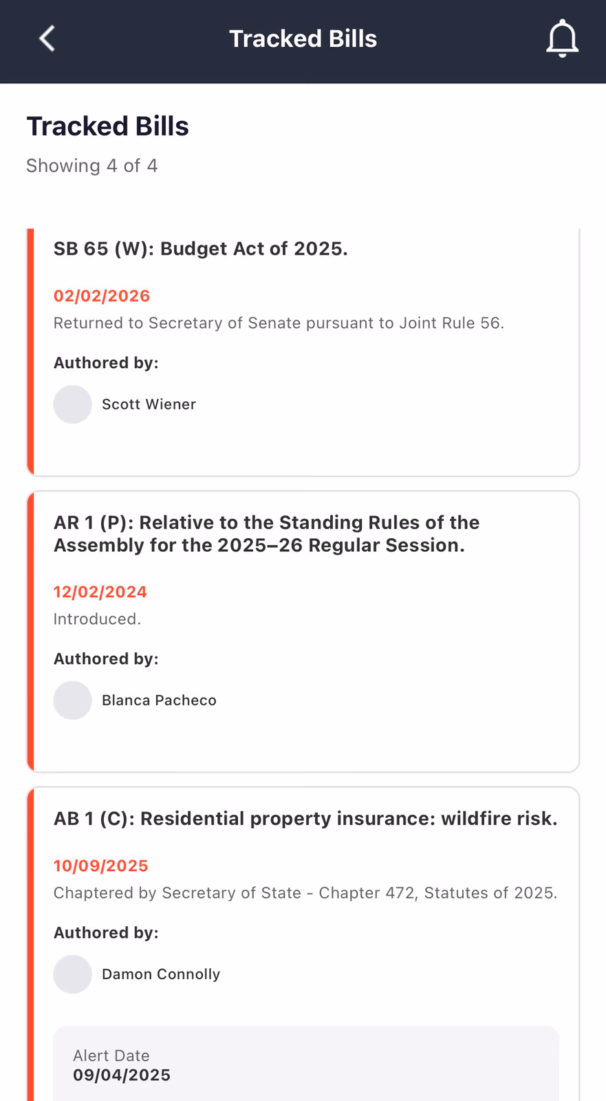 GovBuddy Tracked Bills view: a list of tracked bills with status dates and authors