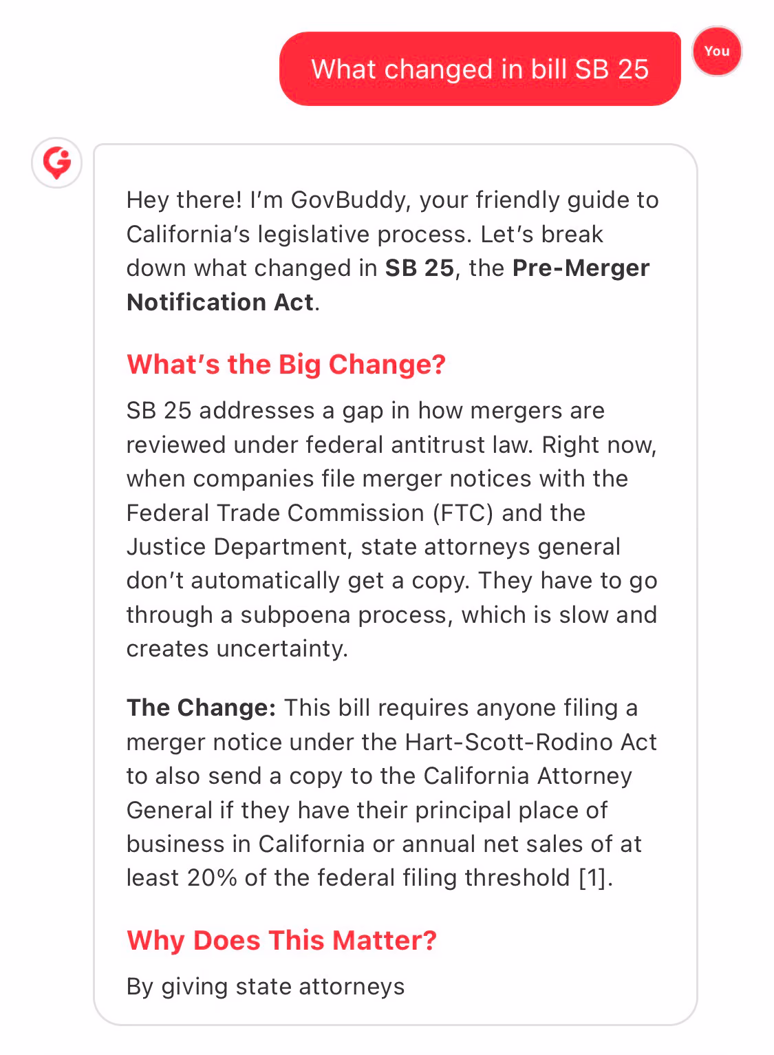 GovBuddy AI chat: a user asks what changed in bill SB 25 and GovBuddy explains the changes in plain language