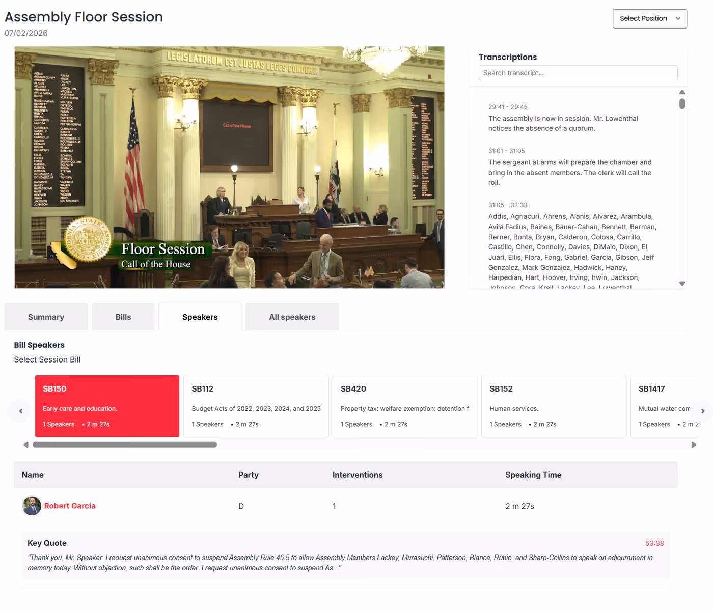 GovBuddy recorded event: Assembly Floor Session with video, searchable transcript, and per-bill speaker breakdown showing positions and key quotes