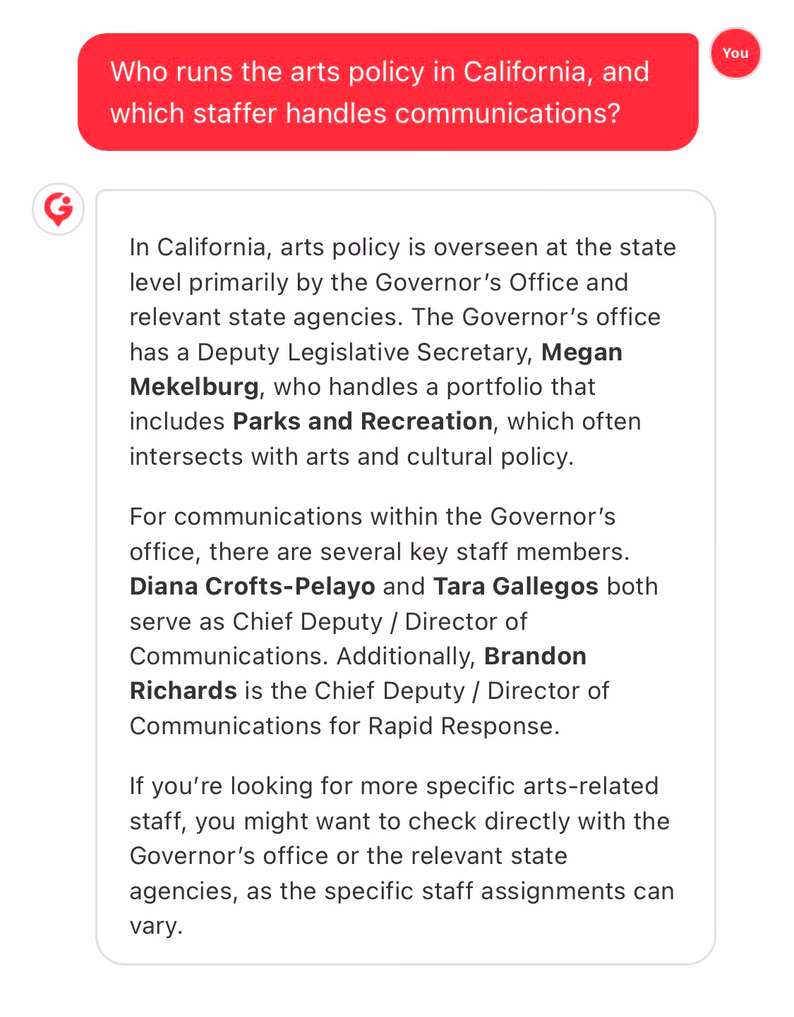 Politics.AI answering a question about who runs arts policy in California, naming specific legislative and communications staff.