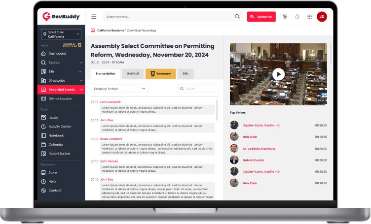 GovBuddy Engage committee intelligence desktop interface
